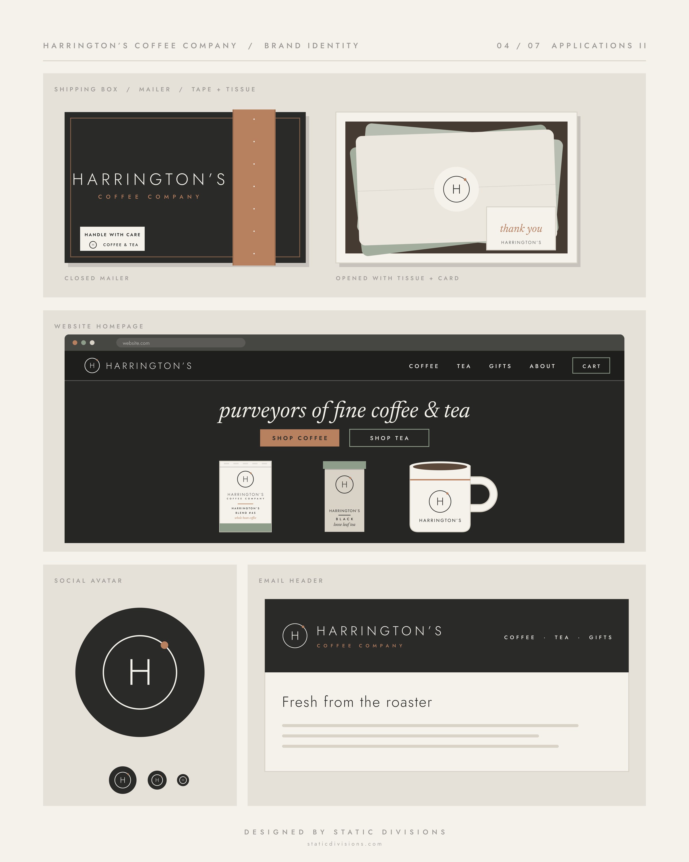Harrington&rsquo;s Coffee Company brand identity board 4 of 7: Applications: web, packaging and merchandise